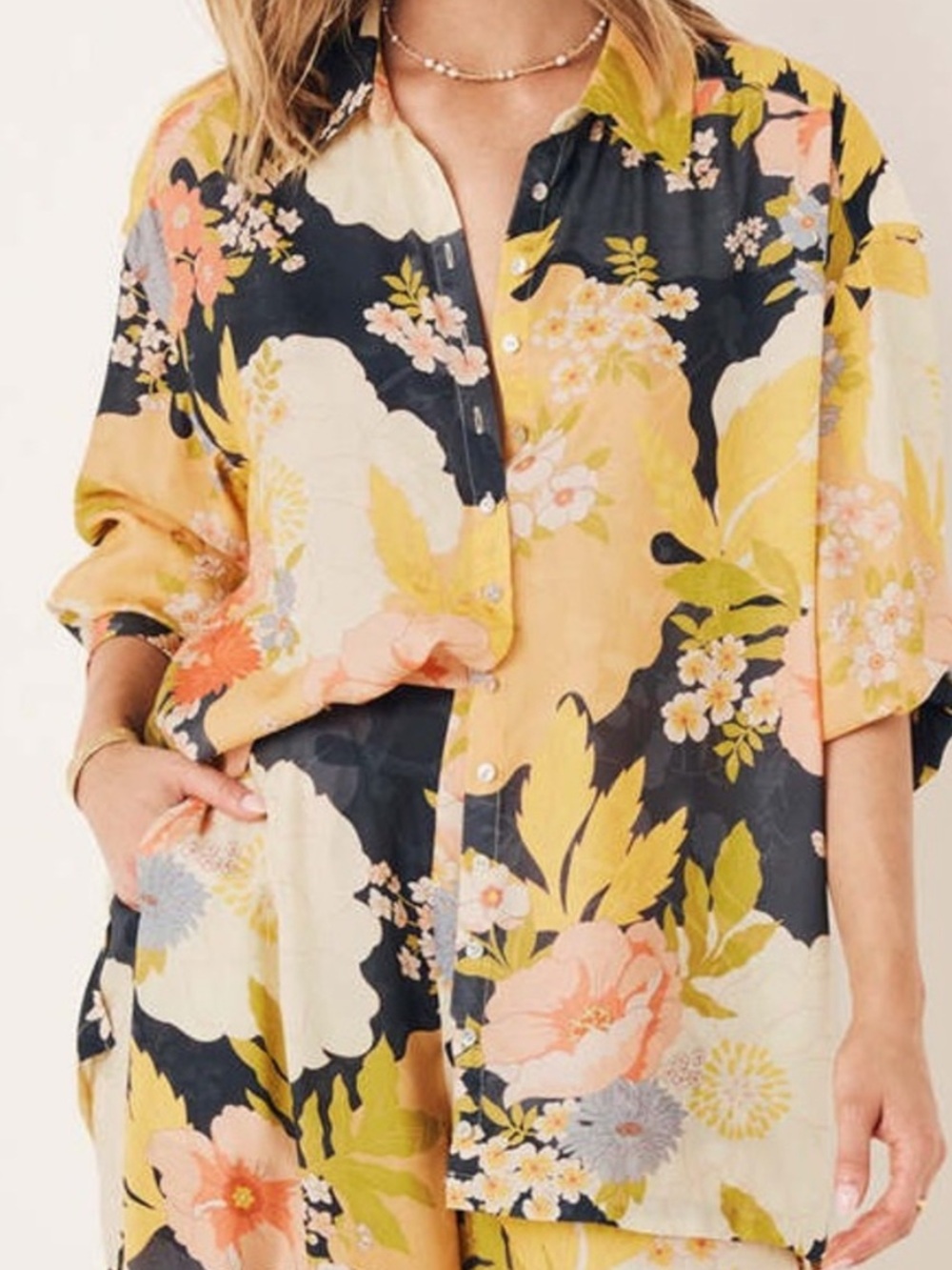 SPELL & THE GYPSY | Tyler Satin Button Down Floral Shirt in Charcoal | M